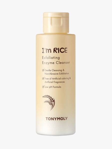 TONYMOLY I'm Rice Exfoliating Enzyme Cleanser Rice Powder in branded component on a light gray background