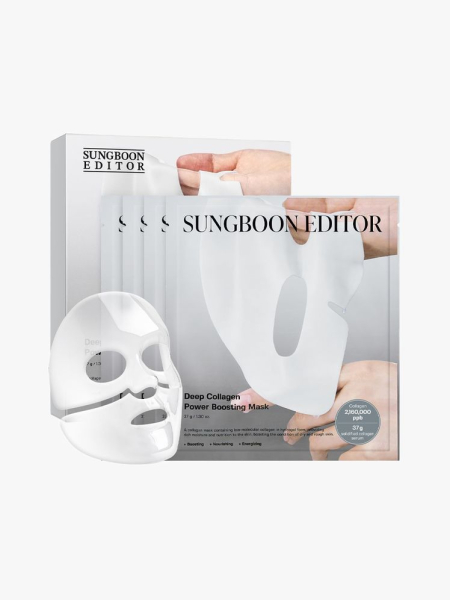 Sungboon Editor Deep Collagen Overnight Mask in branded components on a light gray background